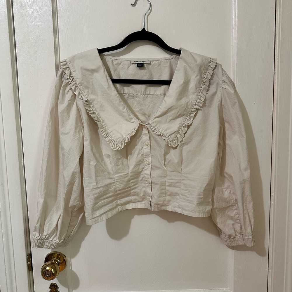 American Eagle Cream Ruffled Collar Top